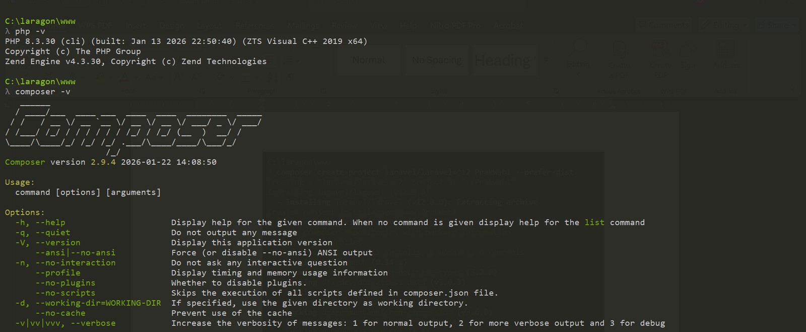 Verifikasi versi PHP dan Composer melalui terminal