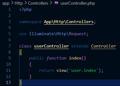 Kode userController yang memanggil view user index