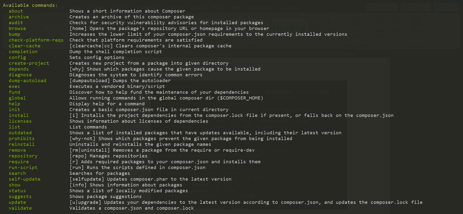 Daftar command Composer yang tampil di terminal