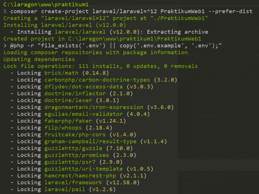 Proses pembuatan project Laravel melalui Composer