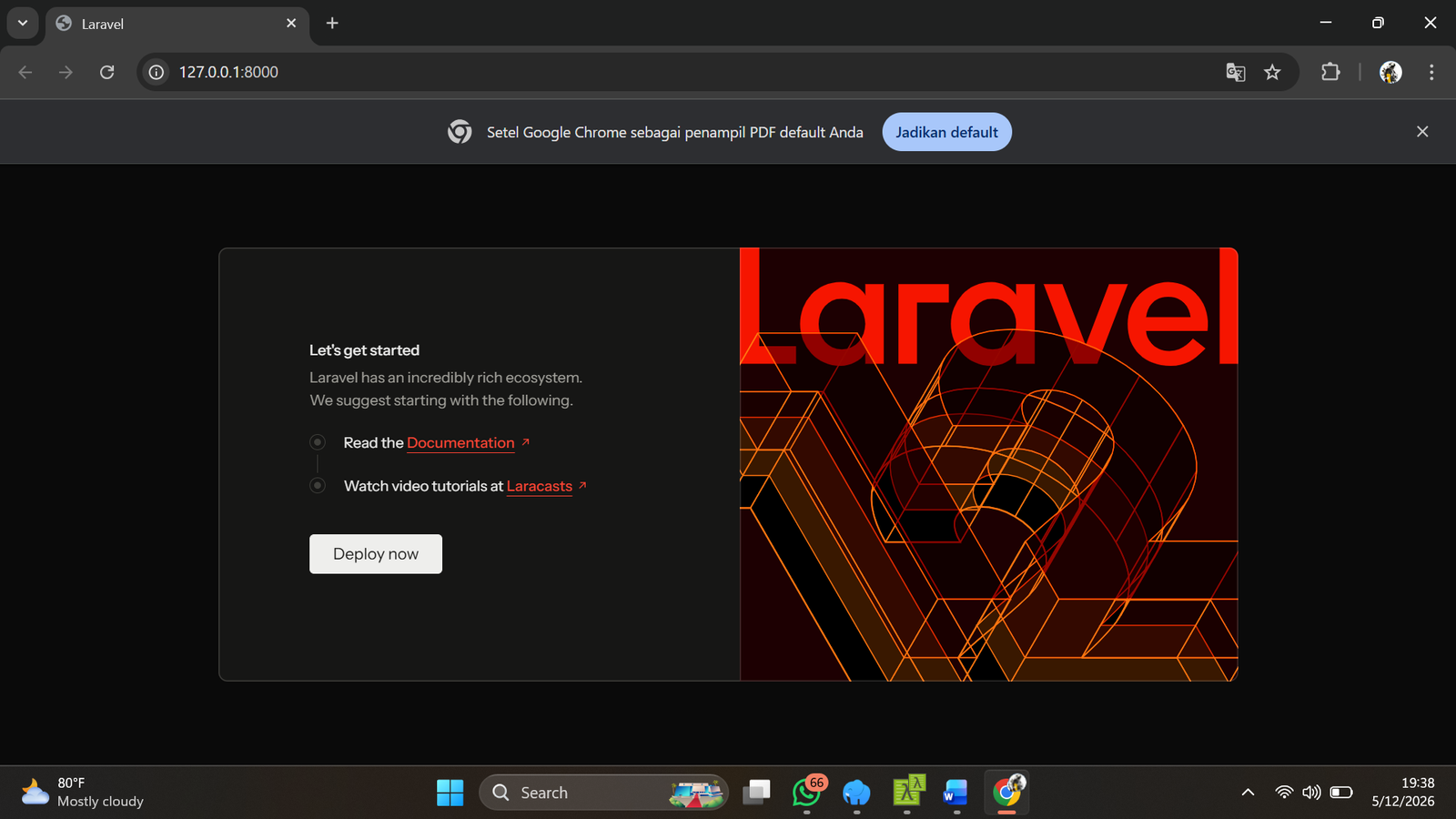 Halaman awal Laravel yang terbuka di browser lokal