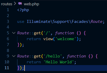 Kode route hello pada file web php
