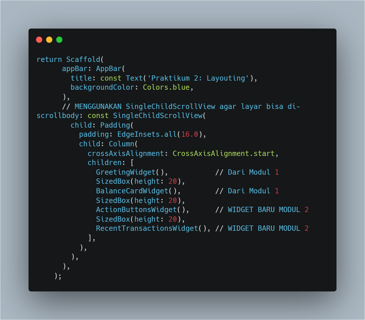 Kode menggabungkan dashboard menggunakan SingleChildScrollView