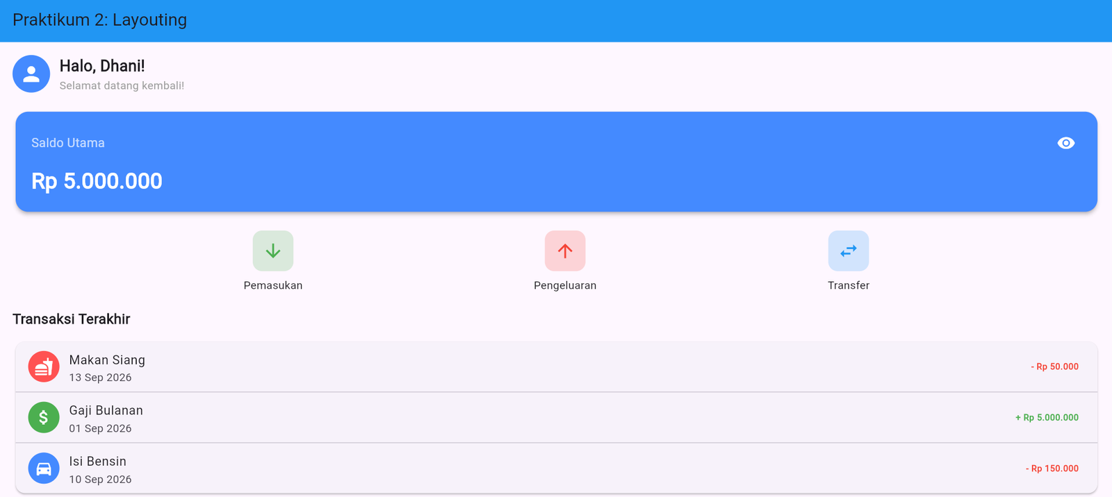 Hasil akhir mockup dashboard expense tracker