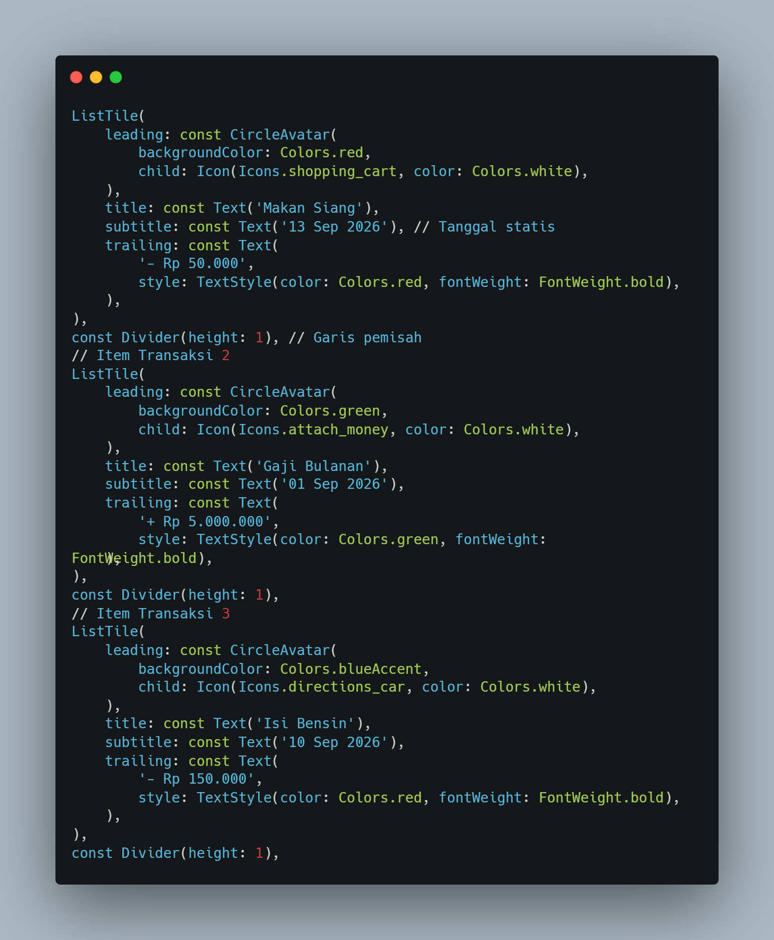 Kode perubahan warna trailing text transaksi