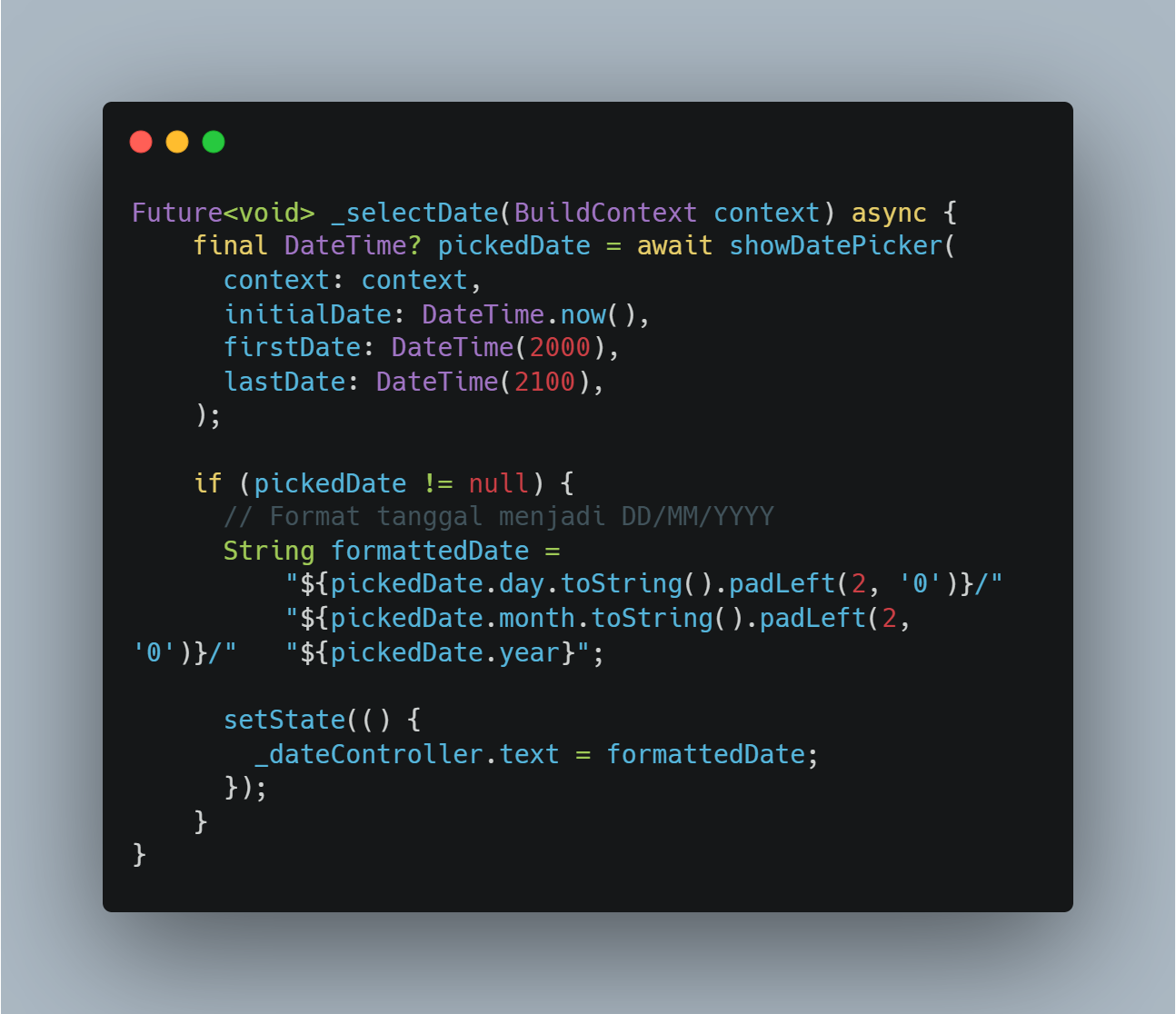 Method selectDate dengan showDatePicker