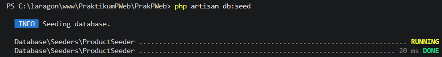 Hasil proses seeding tabel products