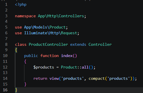 ProductController mengambil seluruh data products