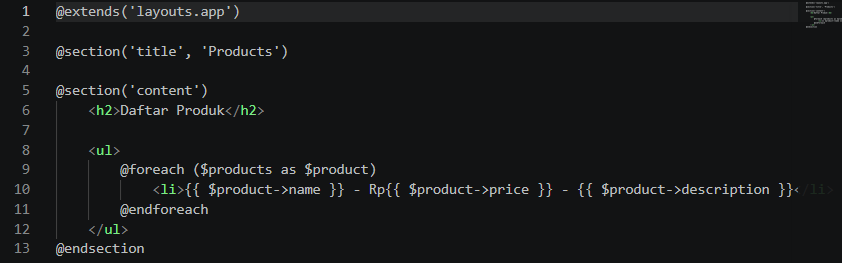 Isi file products.blade.php untuk menampilkan data products