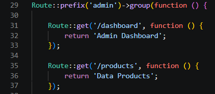 Contoh route group dengan prefix admin