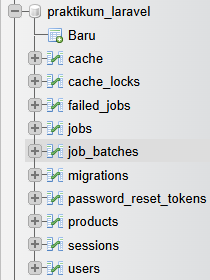 Tabel products muncul di database praktikum_laravel