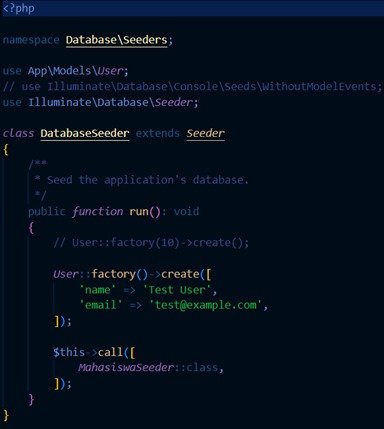 Pemanggilan MahasiswaSeeder pada DatabaseSeeder
