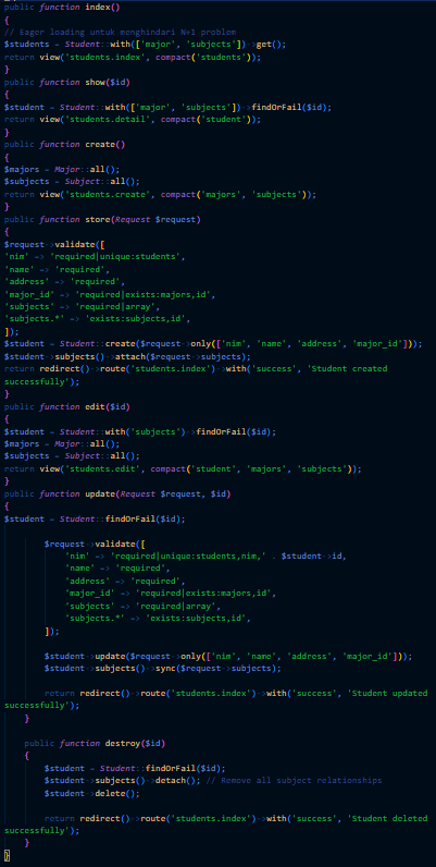 StudentController untuk CRUD mahasiswa