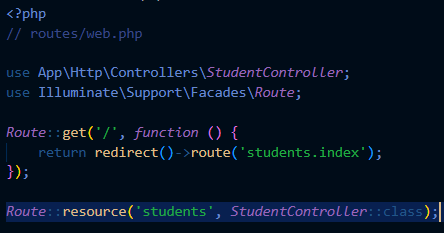 Route resource untuk StudentController