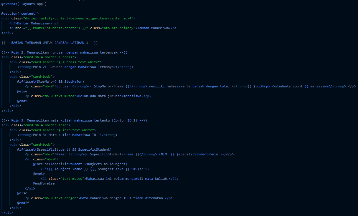 Bagian awal index.blade.php dengan ringkasan jurusan dan total SKS