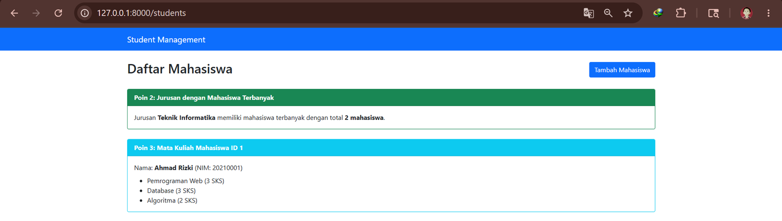 Output akhir halaman Student Management