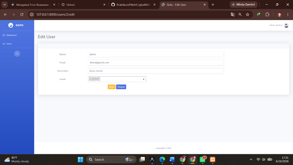 Tampilan form edit user