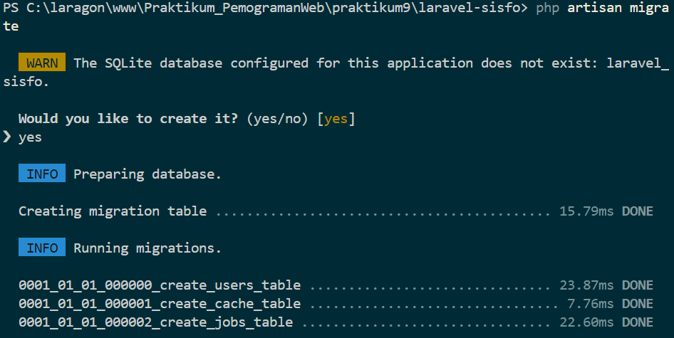 Terminal hasil migrate auth