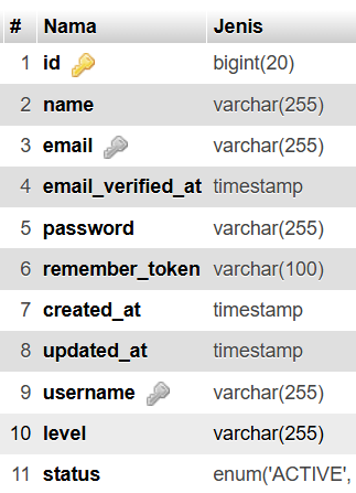 Struktur tabel users baru