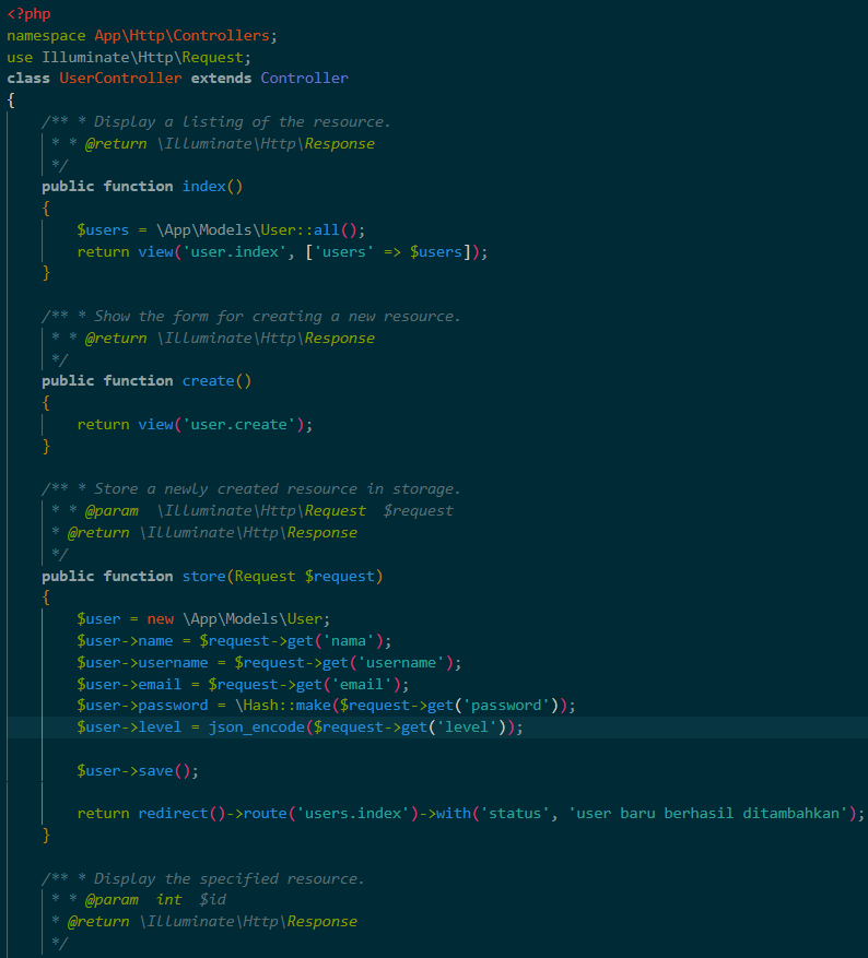 Kode UserController part 1