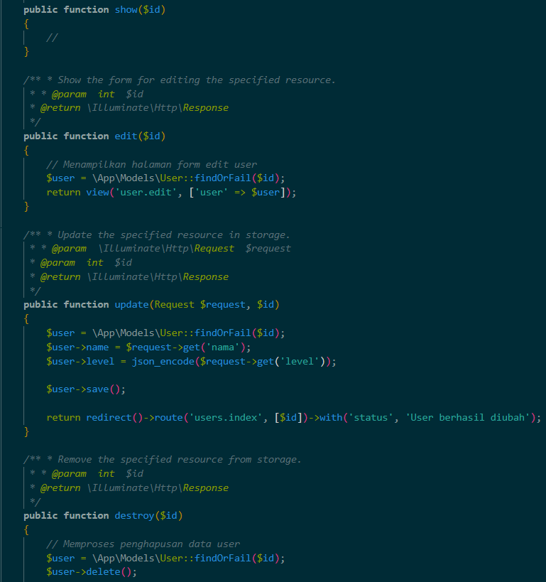 Kode UserController part 2