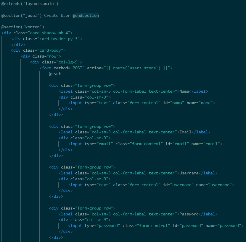 Kode form input di create.blade.php part 1