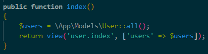 Kode action index di UserController