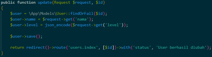 Kode action update di UserController