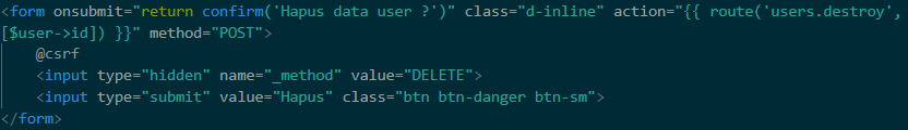 Kode tombol hapus di index.blade.php
