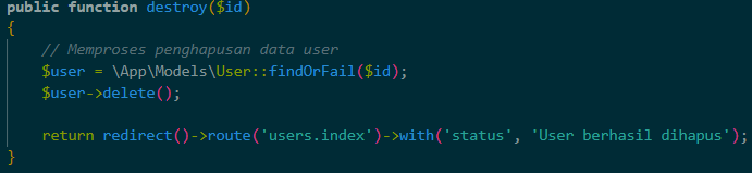 Kode action destroy di UserController