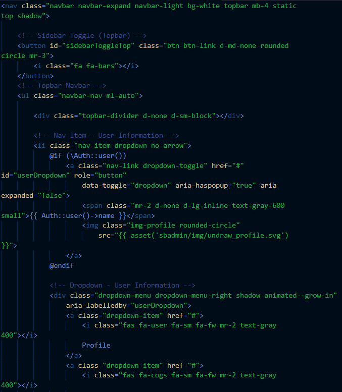Kode topbar.blade.php part 1