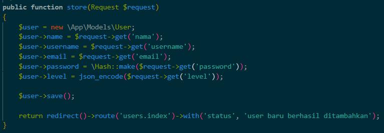 Kode action store di UserController